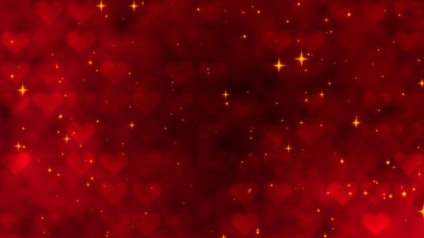 红色图案与金色的五彩纸屑，星星和红色的心。给情人节的婚礼请柬电子贺卡。3D渲染3D插图图片下载