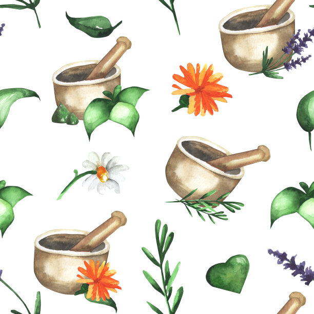 芳香疗法无缝模式。彩色图案与花，药丸和精油在一个白色的背景，绘制水彩。织物墙纸印花纹理。图片下载
