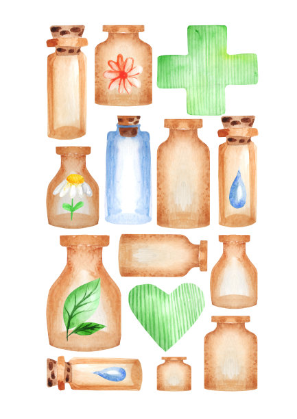 水彩天然药瓶集。手绘元素收集在白色背景的卡片，传单，化妆品，包装设计和装饰图片下载