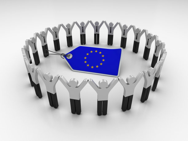 图形团队与欧盟旗价格标签- 3D渲染图片下载
