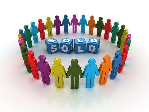 象形图团队工作人员与出售的流行语立方体- 3D渲染图片下载