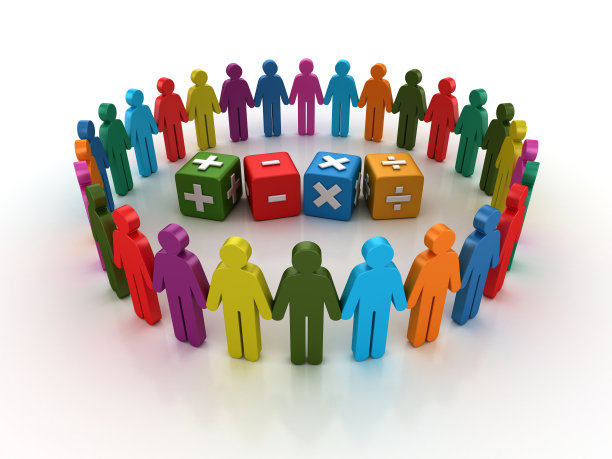 象形图团队与数学符号立方体- 3D渲染图片下载