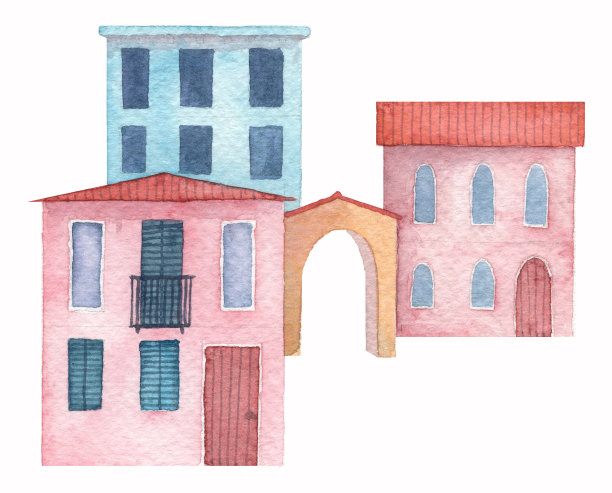 地中海小镇的水彩街景图片下载