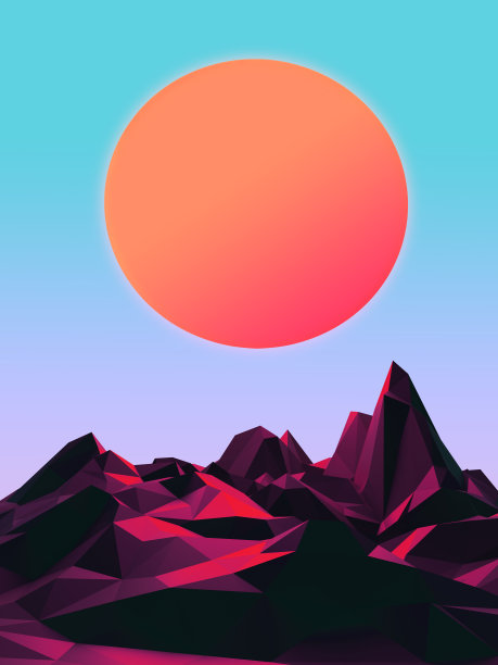 未来科幻低多边形景观和太阳与文本复制空间，3D插图图片下载