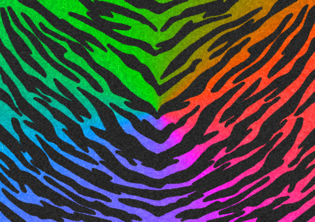黑色-彩虹渐变虎纹迷彩纹理，地毯动物皮肤图案或背景，7色彩虹渐变主题，看起来光滑、蓬松、柔软，是时尚服装纺织概念。图片下载