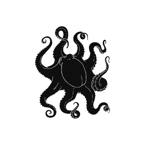 黑色剪影海洋动物-章鱼或poulpe载体插图孤立。图片下载