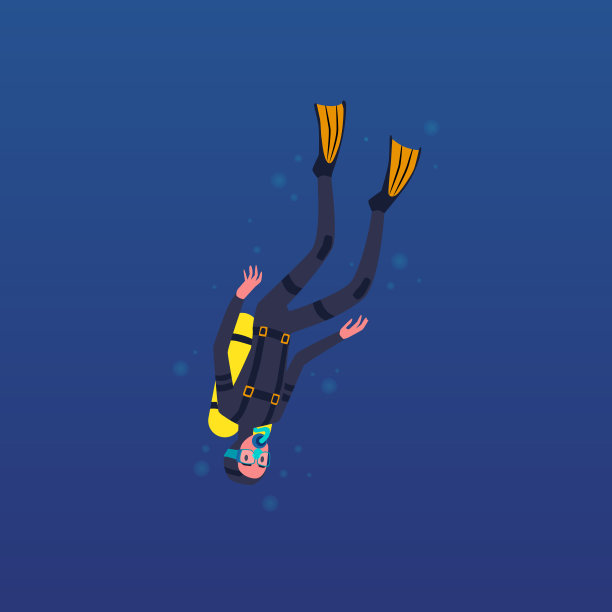 卡通潜水员在深蓝色的海里倒立着游泳图片下载