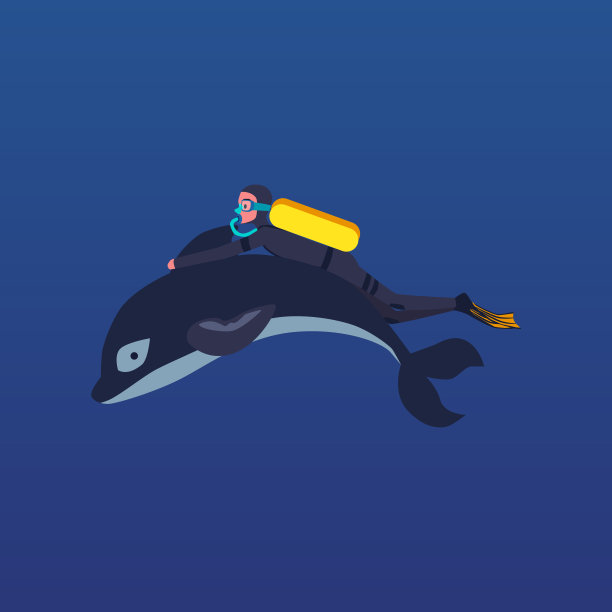 卡通人物水肺潜水，而持有海豚鳍孤立的蓝色背景图片下载