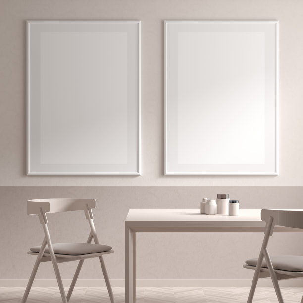 模拟海报框架在斯堪的纳维亚风格的餐厅与木椅和桌子。简约的餐厅设计。3 d演示。图片下载