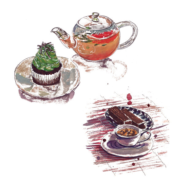 在咖啡杯，咖啡，热巧克力，华夫饼，蛋糕，饼干的斑点水彩画素描。图片下载