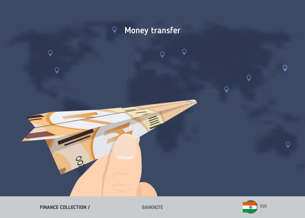 世界各地的转账。200卢比的纸飞机。平面风格矢量插图。图片下载
