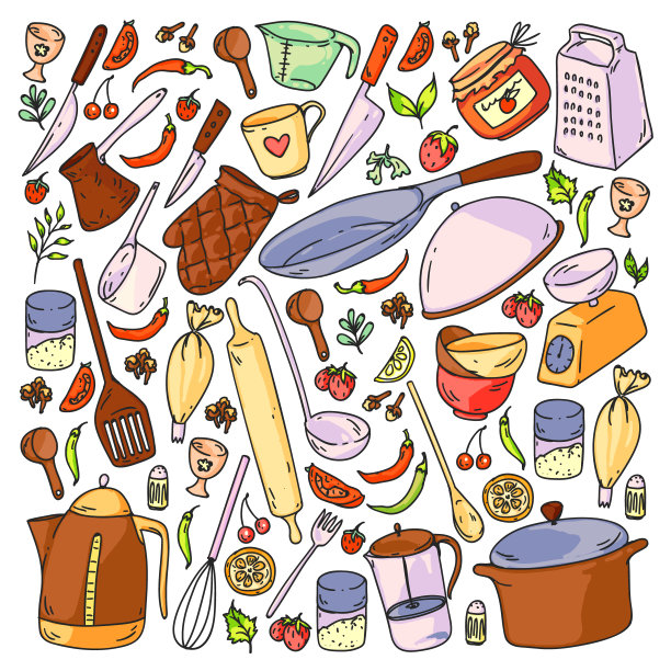 烹饪课。厨房用具,utencils。食物和厨房图标。图片下载