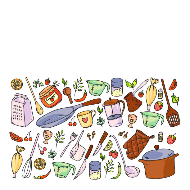 图案与食物和厨房用具。烹饪课，餐厅菜单，商店横幅图片下载