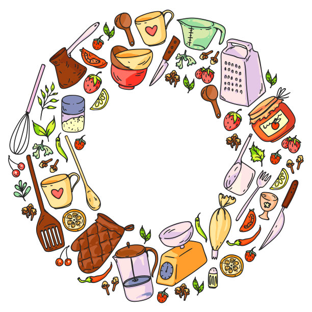 烹饪课。厨房用具,utencils。食物和厨房图标。图片下载