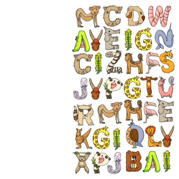 动物的字母表。动物园字母表。字母从A到z卡通可爱的动物。大象，狗，火烈鸟，长颈鹿，马，鳄鱼，熊，猫。图片下载