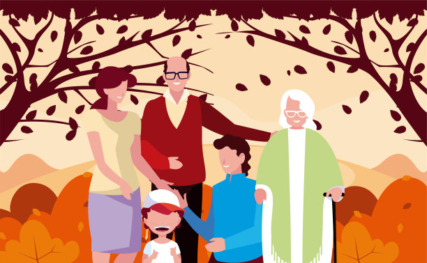 家庭和树木在秋季矢量设计季节图片下载