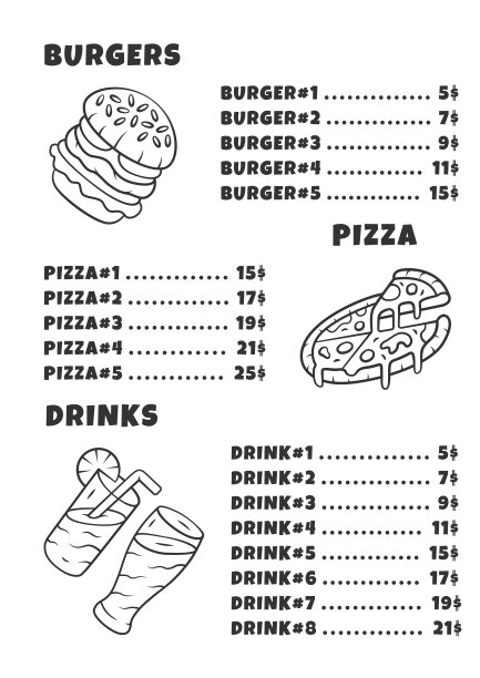 快餐菜单模板。汉堡、披萨、饮料。用线性图标打印设计。概念向量插图。餐厅，咖啡馆横幅，宣传单页上有食品价格的布局图片下载
