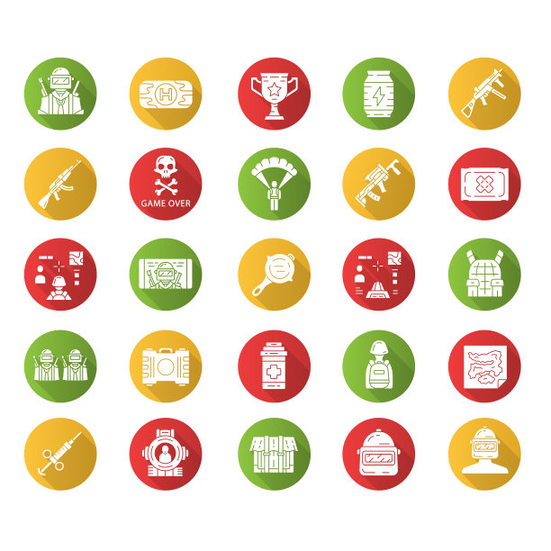 在线游戏库存平面设计长影字形图标集。第一人称射击。在线多人游戏。意大利cybersports设备。电脑，视频游戏工具。向量轮廓图图片下载