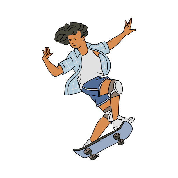 卡通滑板少年微笑和挥手，而跳跃与滑板图片下载
