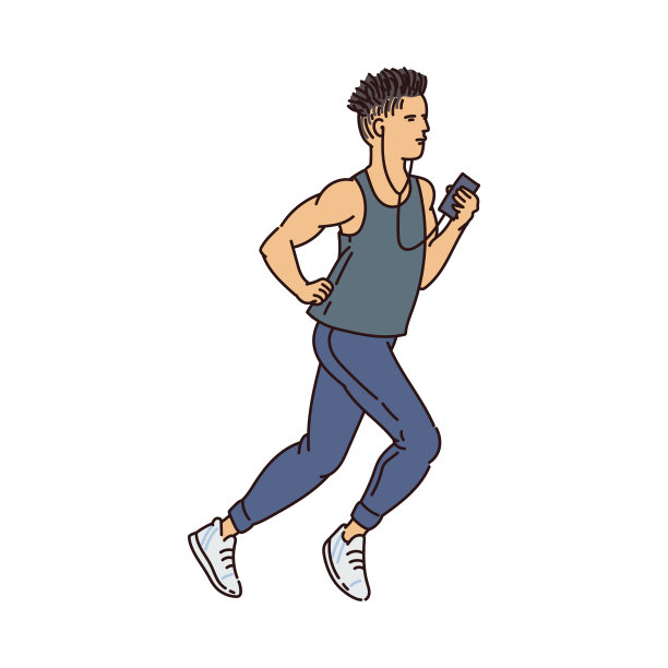 男性卡通奔跑者戴着耳机，拿着手机图片下载