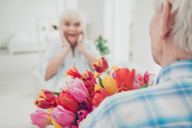 两可爱的老年人可爱的一对周年纪念日假期惊喜大红色郁金香束flat室内的后视图照片图片下载