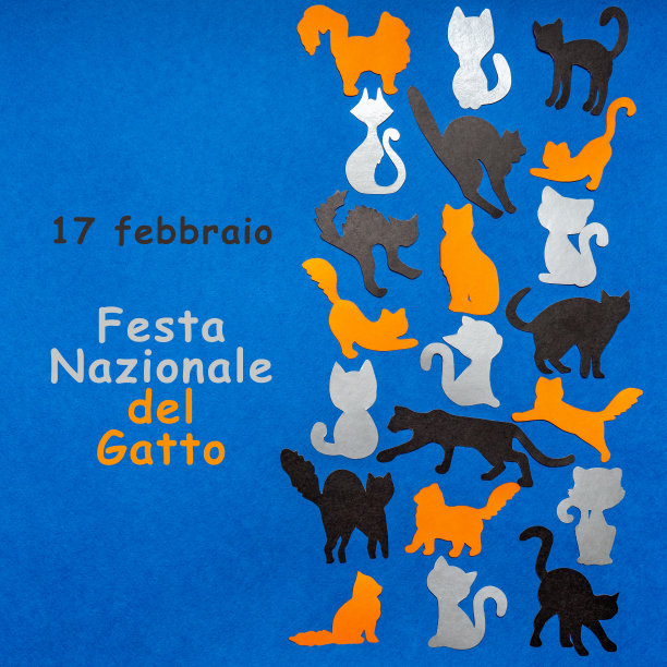 意大利猫日快乐。边框由橙色，黑色，灰色有趣的猫剪影在蓝色的背景。节日布局猫假日，文字在意大利2月17日国家猫日。平躺图片下载