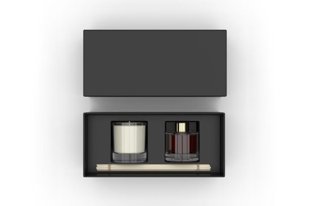 空白芦苇扩散礼品套装盒装香气藤棒香味香水模板。3d渲染插图。图片下载