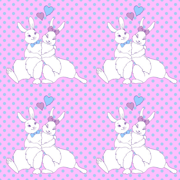 可爱的拥抱快乐的小兔子，兔子，兔子的背景波尔卡点。无缝模式。等高线插图为情人节，复活节，着色书，明信片，网络。手绘轮廓图片下载