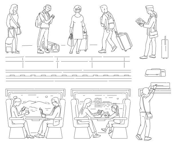 公共交通场景——卡通人物等火车并坐在里面图片下载