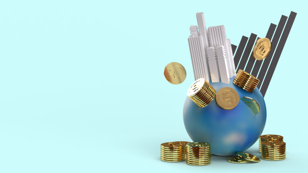 建立在地球上的硬币和图表3d渲染业务内容。图片下载