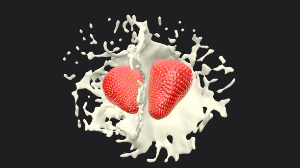 两个草莓和牛奶飞溅，3D渲染过程，4k超高清3840x2160。图片下载