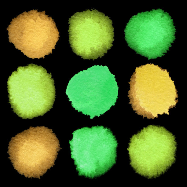 水彩圈金，绿色，黄色孤立在黑色背景。明亮的颜色插图集。图片下载