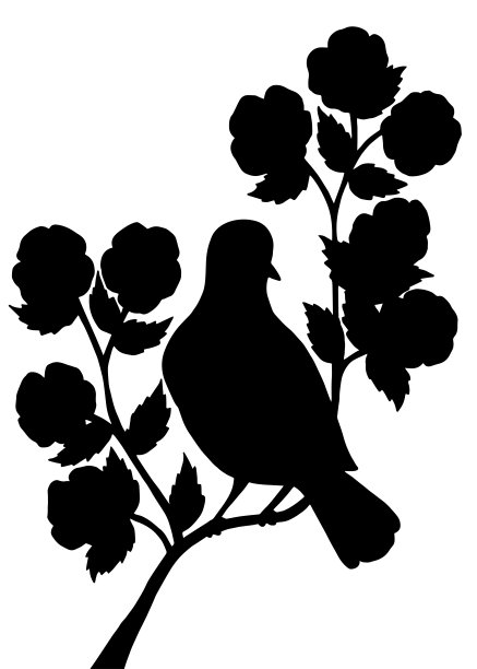 一只鸟在树枝上的黑色剪影，花在白色的背景上图片下载