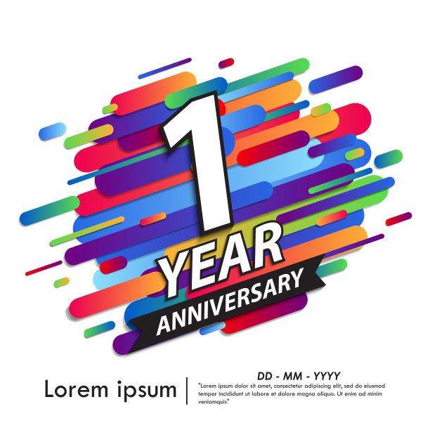 一周年庆典徽章。白色周年标志孤立与彩色圆形线。矢量插图模板设计的网页，传单，海报，问候和邀请卡图片下载