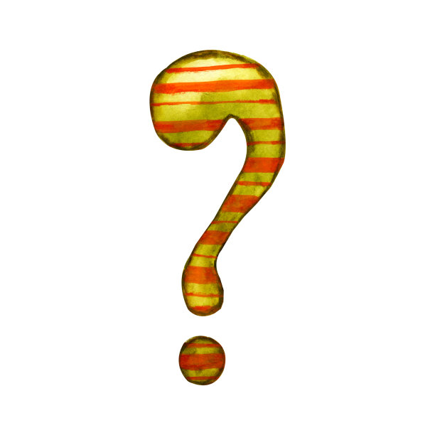 画一个卡通问号。手多色水彩特写插图孤立的白色背景。象征着怀疑、不确定、请求、选择。图片下载