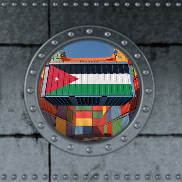 从舷窗往外看。装载带有约旦标志的容器。三维渲染图片下载