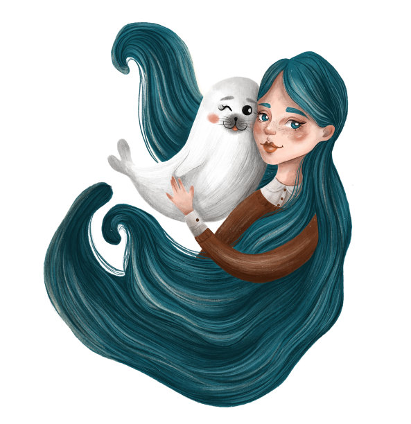 可爱的海洋女孩和小海豹素材图片