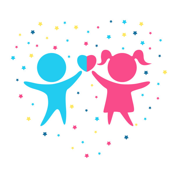 男孩和女孩的形象是心，他们周围的星星形成心。图片下载