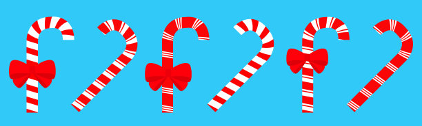 圣诞快乐。糖果甘蔗薄荷棒线图标设置。可爱的大红色蝴蝶结装饰。红色白色条纹。手绘节日元素。贺卡。平面设计。蓝色背景。孤立。图片下载