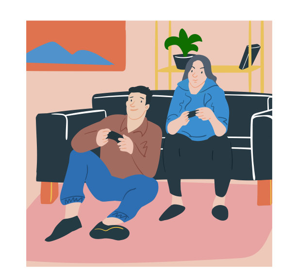 男女情侣玩游戏，时间在一起。矢量插画人纸箱风格。图片下载