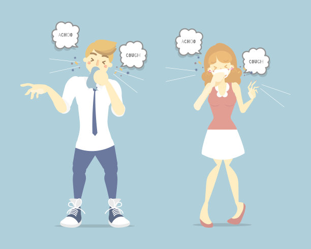 男、女咳嗽打喷嚏带口罩，有鼠疫、鼠疫、传播病菌概念、卫生保健、花粉过敏、空气污染等疾病症状图片下载
