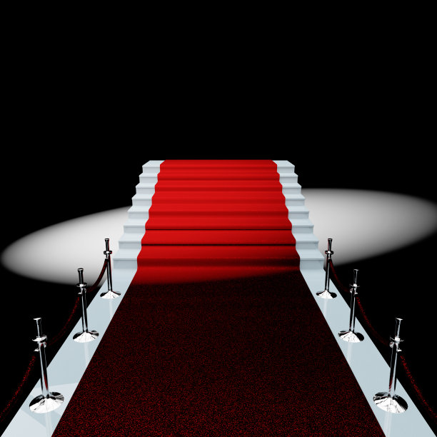 黑色背景的大理石楼梯上铺着红地毯。图片下载