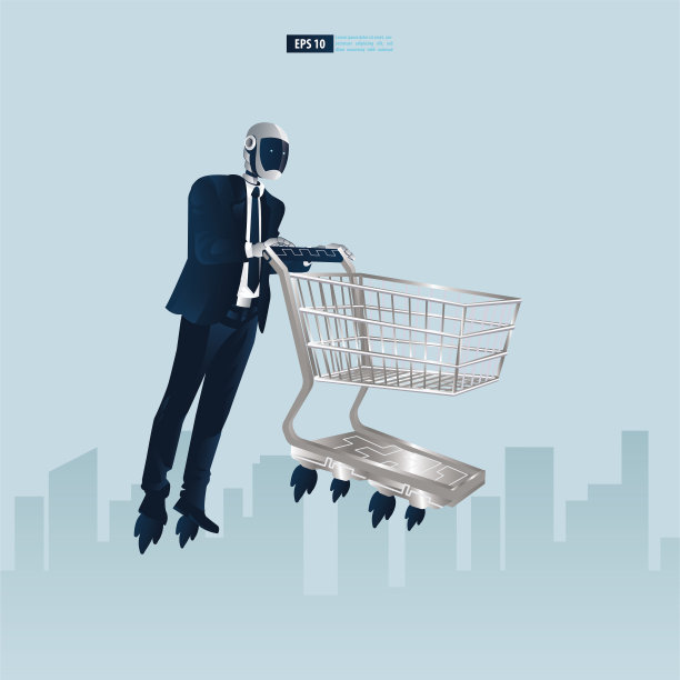 具有人工智能技术概念的未来类人商务人士。带着购物车的办公机器人矢量插图图片下载