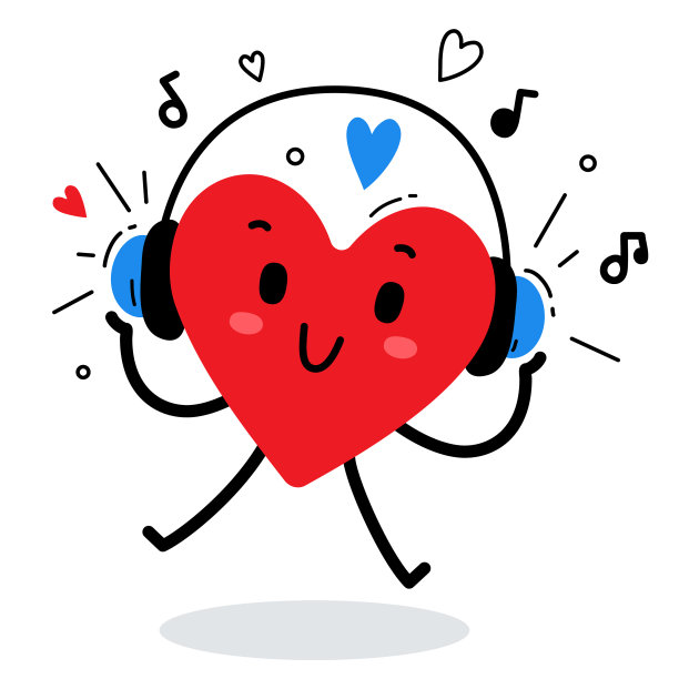 在白色背景上戴着耳机听音乐的快乐红色心脏角色矢量插画图片下载