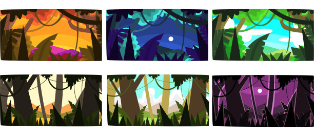 收集美丽的风景自然在不同的时间，热带雨林水平风景矢量插图图片下载