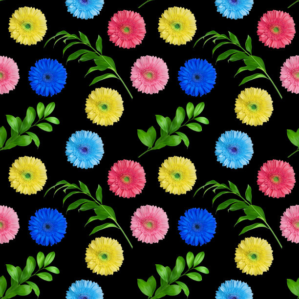 无缝图案多彩的非洲菊花和绿叶在黑色背景孤立，鲜艳的多色雏菊花重复点缀，美丽的夏季花卉艺术壁纸，生动的背景图片下载