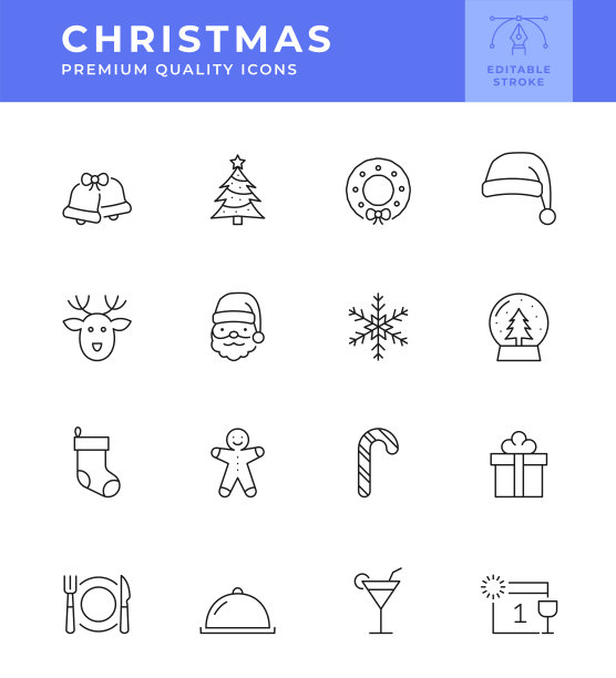 圣诞线图标集。可编辑的中风。图片下载