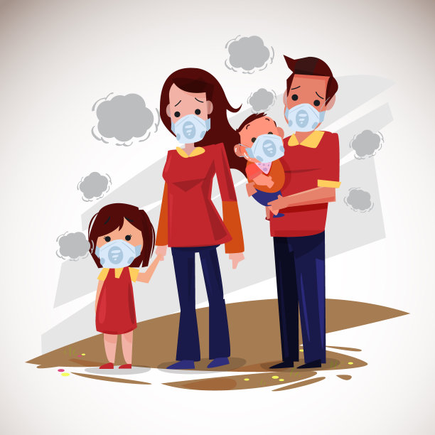 带口罩的家庭，保护健康免受空气污染。Pm1, pm2.5或pm10图片下载