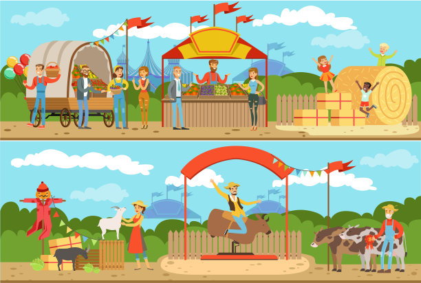 农场市场，农民出售新鲜的有机食品和牲畜，愉快的顾客在游乐场散步和购买矢量插图素材图片