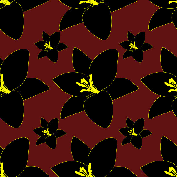 无尽的黑百合矢量图案。在栗色的背景上种植。壁纸，封面，封面，装饰，纺织品的想法。抽象的印花。图片下载